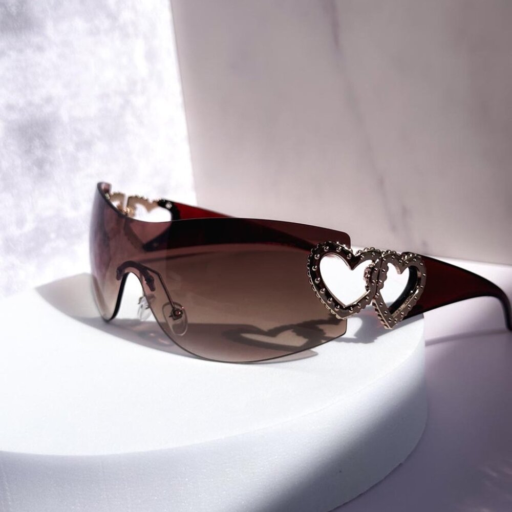 Y2K Rimless Sunglasses for Women, Unisex in Brown. Trendy Gradient Wrap-Around